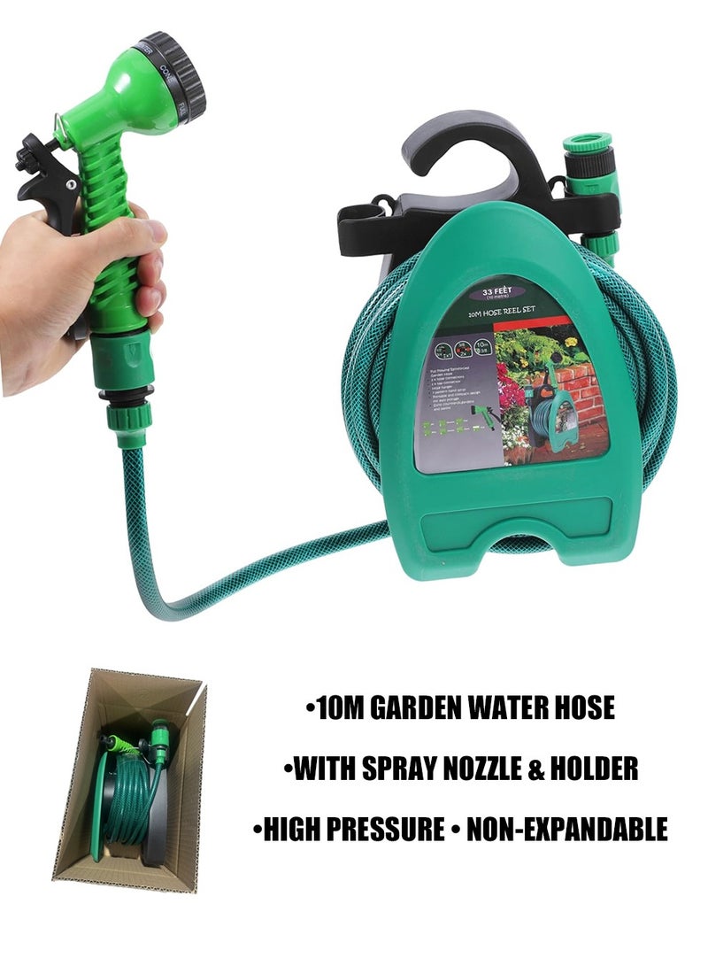 خرطوم مياه للحديقة بطول 10 متر مع حامل حائط وفوهة رش بـ7 وظائف، خرطوم مقوى عالي الضغط 3/8 بوصة للري وغسيل السيارات - Image 1